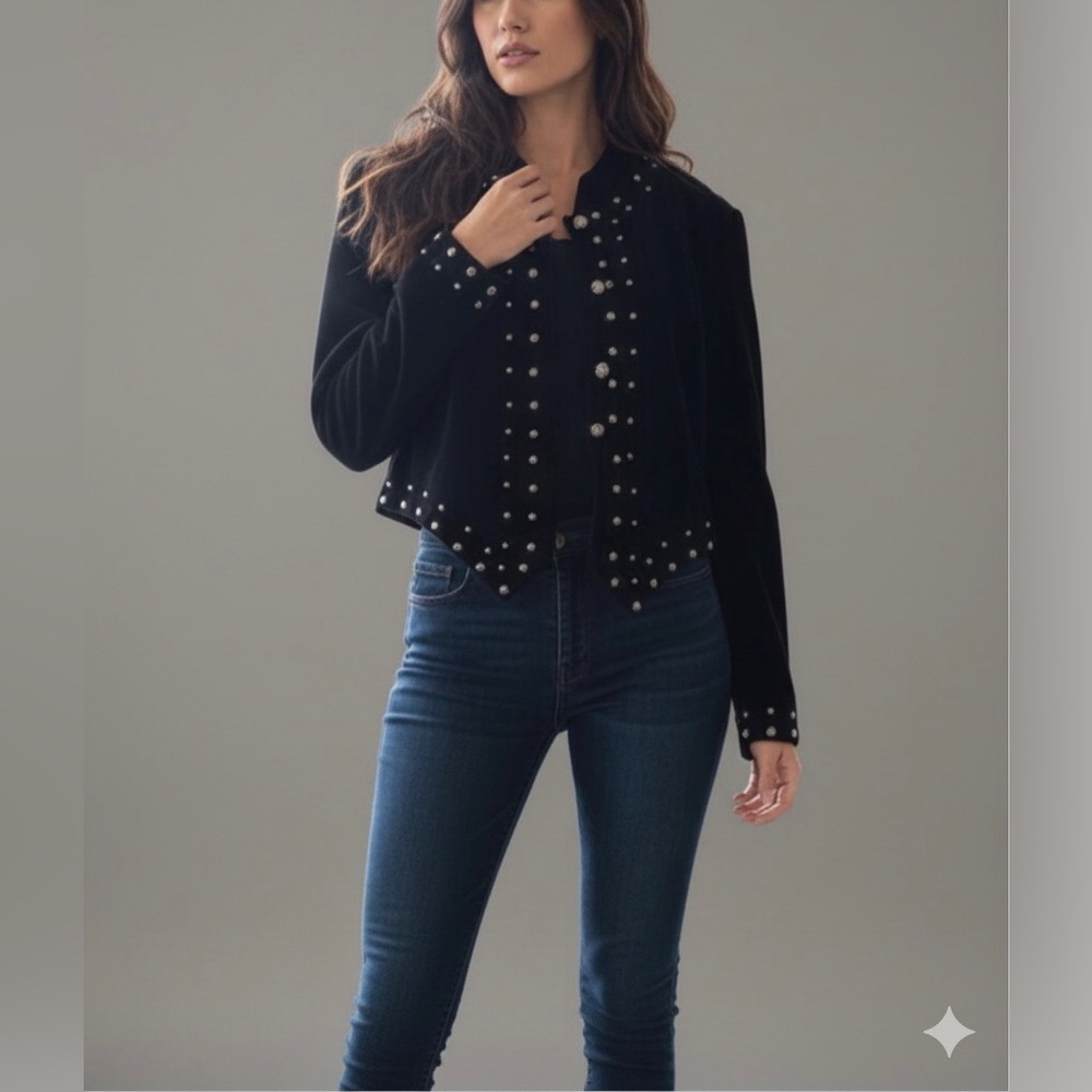 Vtg Panhandle Slim Black Velvet Studded Western Jacket L 80s Concha Cowgirlcore